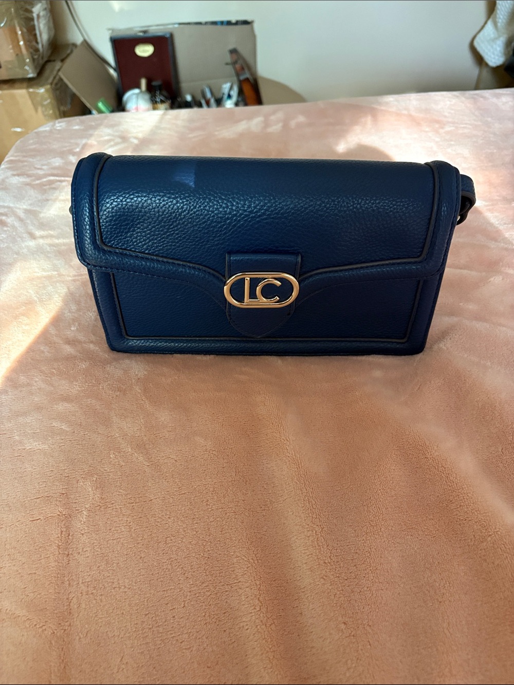 Liz Claiborne Navy Blue Pebbled Leather Crossbody with Gold Logo